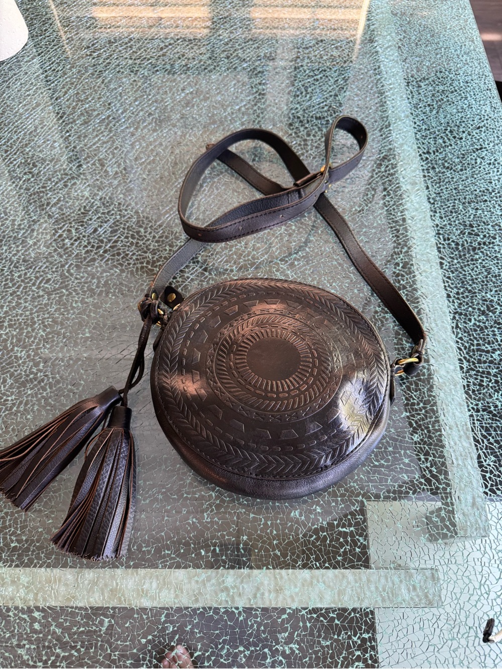 Isabella Fiore Round Black Leather Crossbody Bag with Tassels